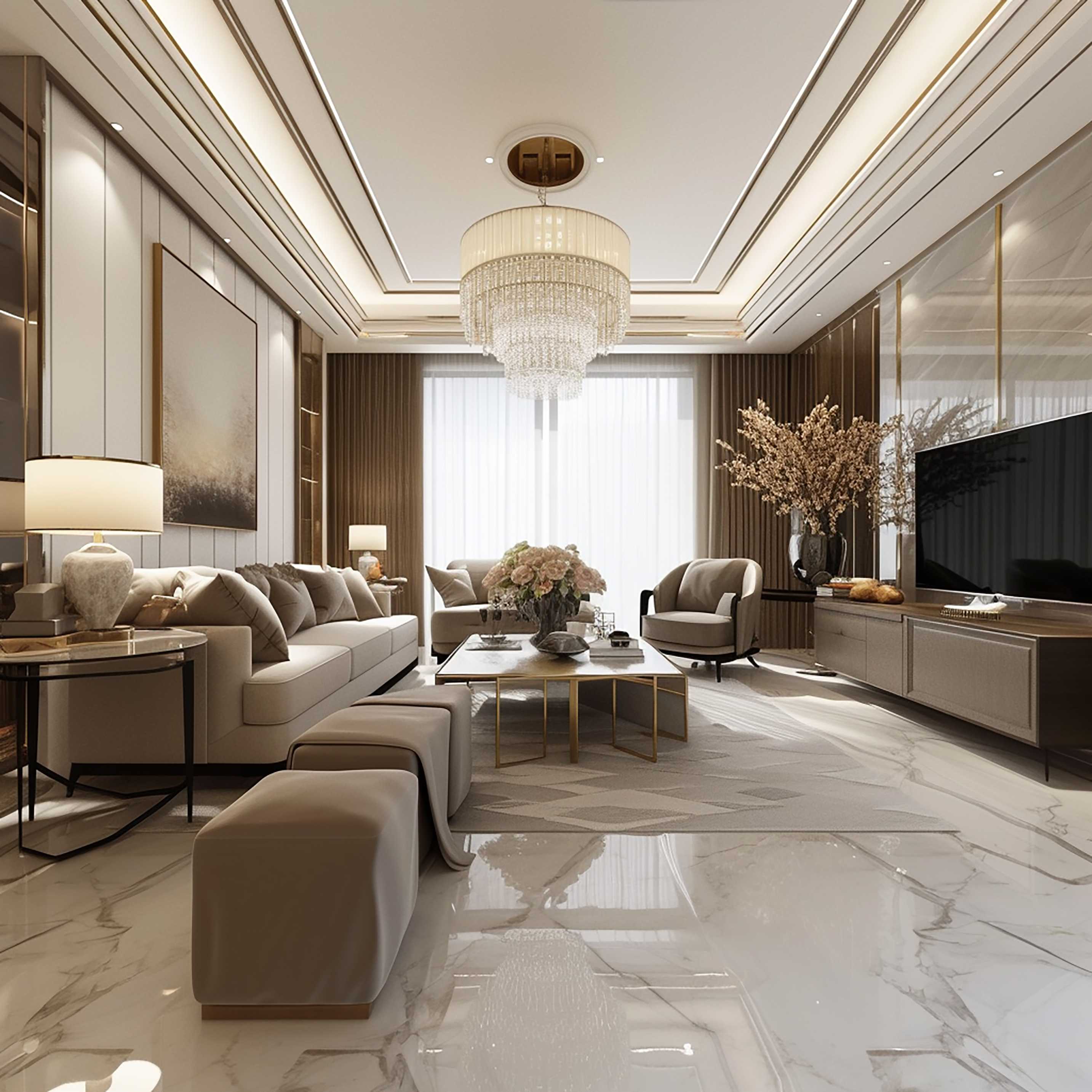 Elegant luxury living room interior with chandelier by Aadya Interiors & Infrastructure, known for delivering functional, stylish and high-quality interior designs in Hyderabad.