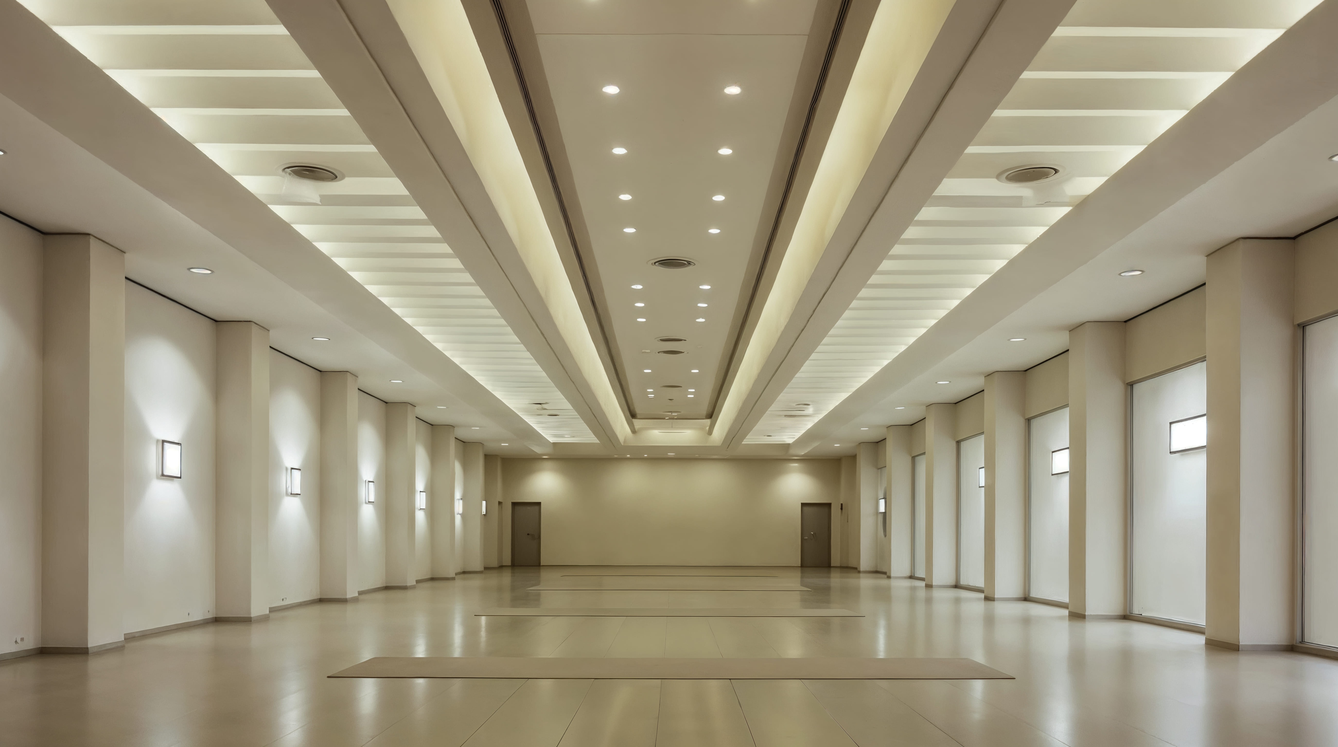 Large empty hall with modern ceiling lights