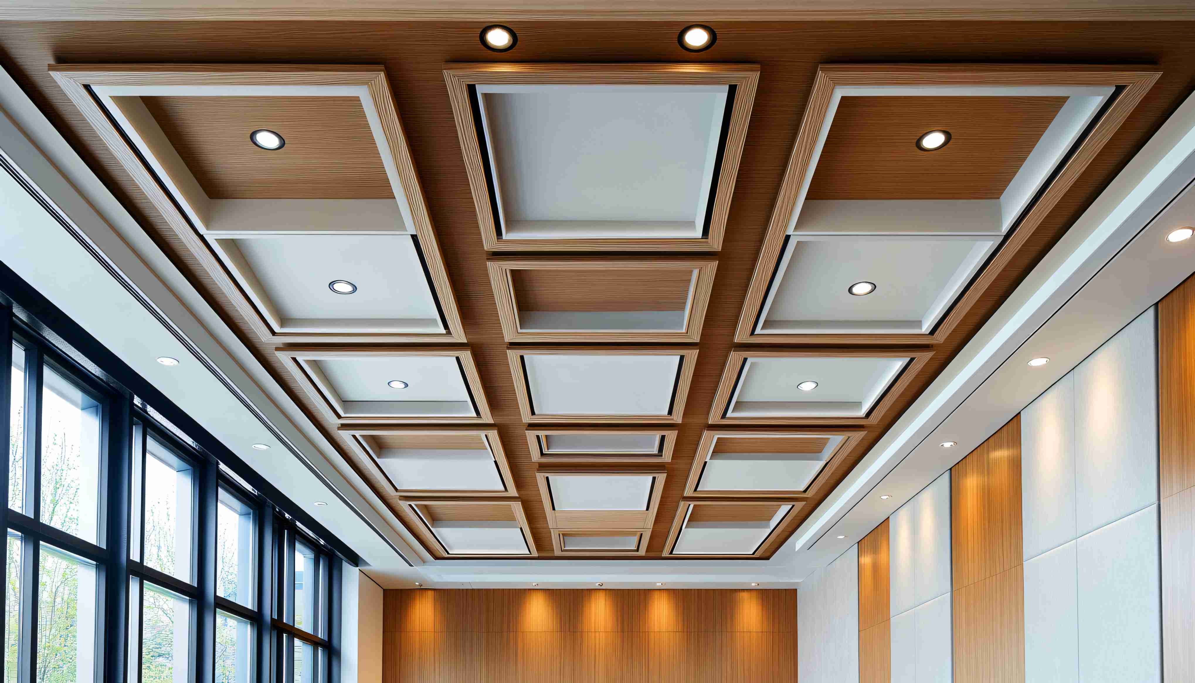 Modern hall ceiling with wooden panel lighting