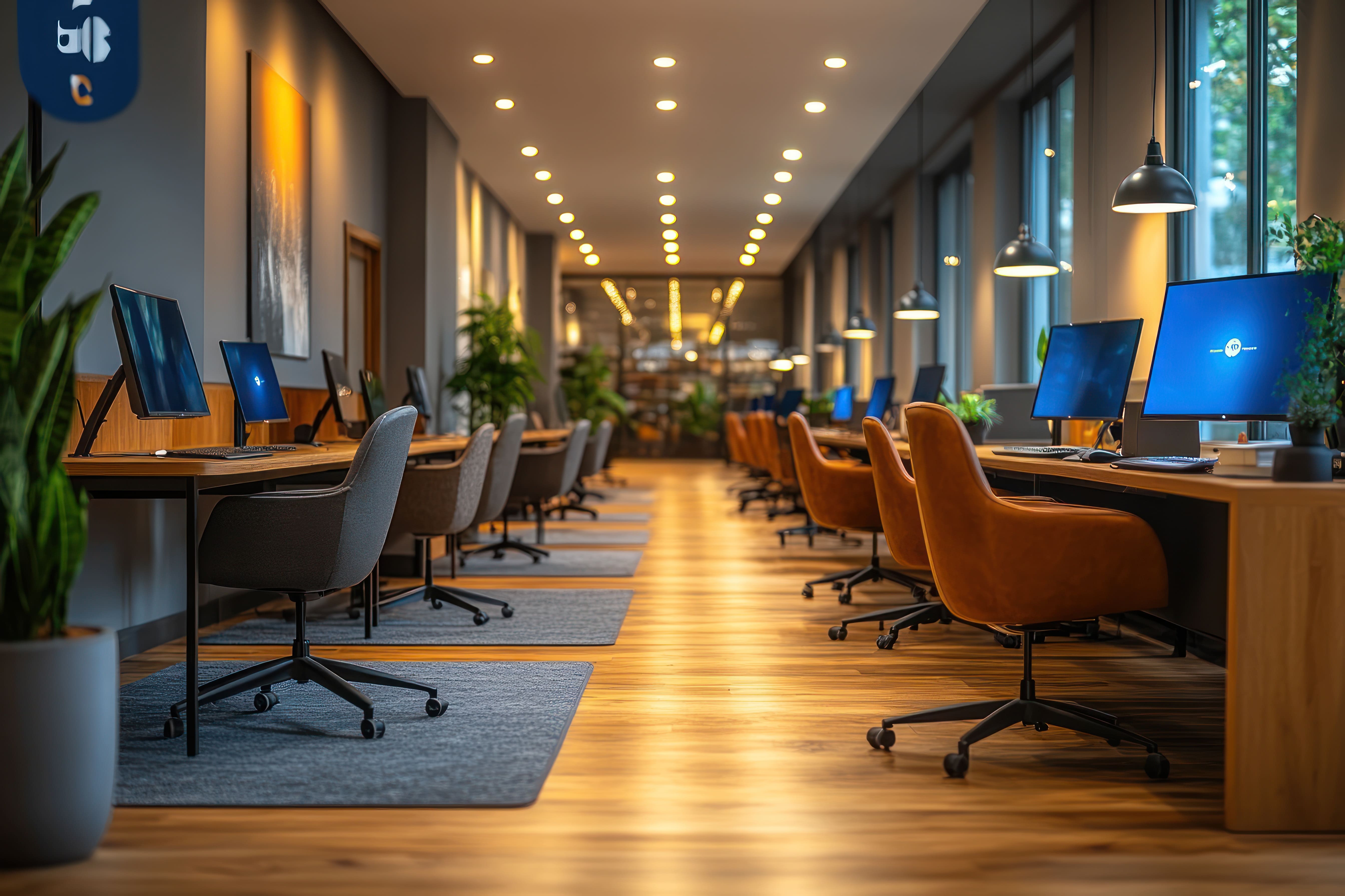 Modern office workspace with desks and chairs