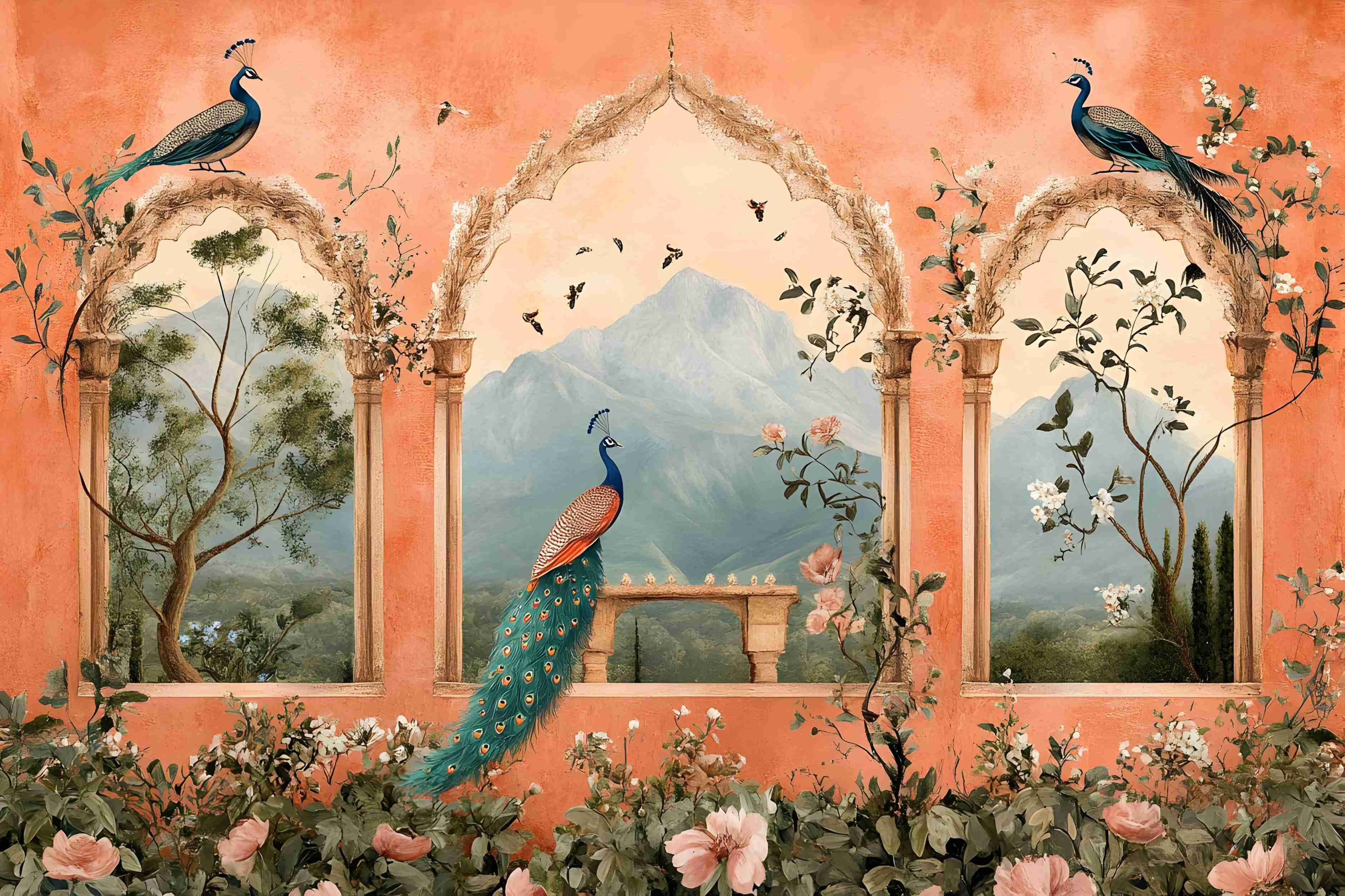 Decorative peacock wall mural
