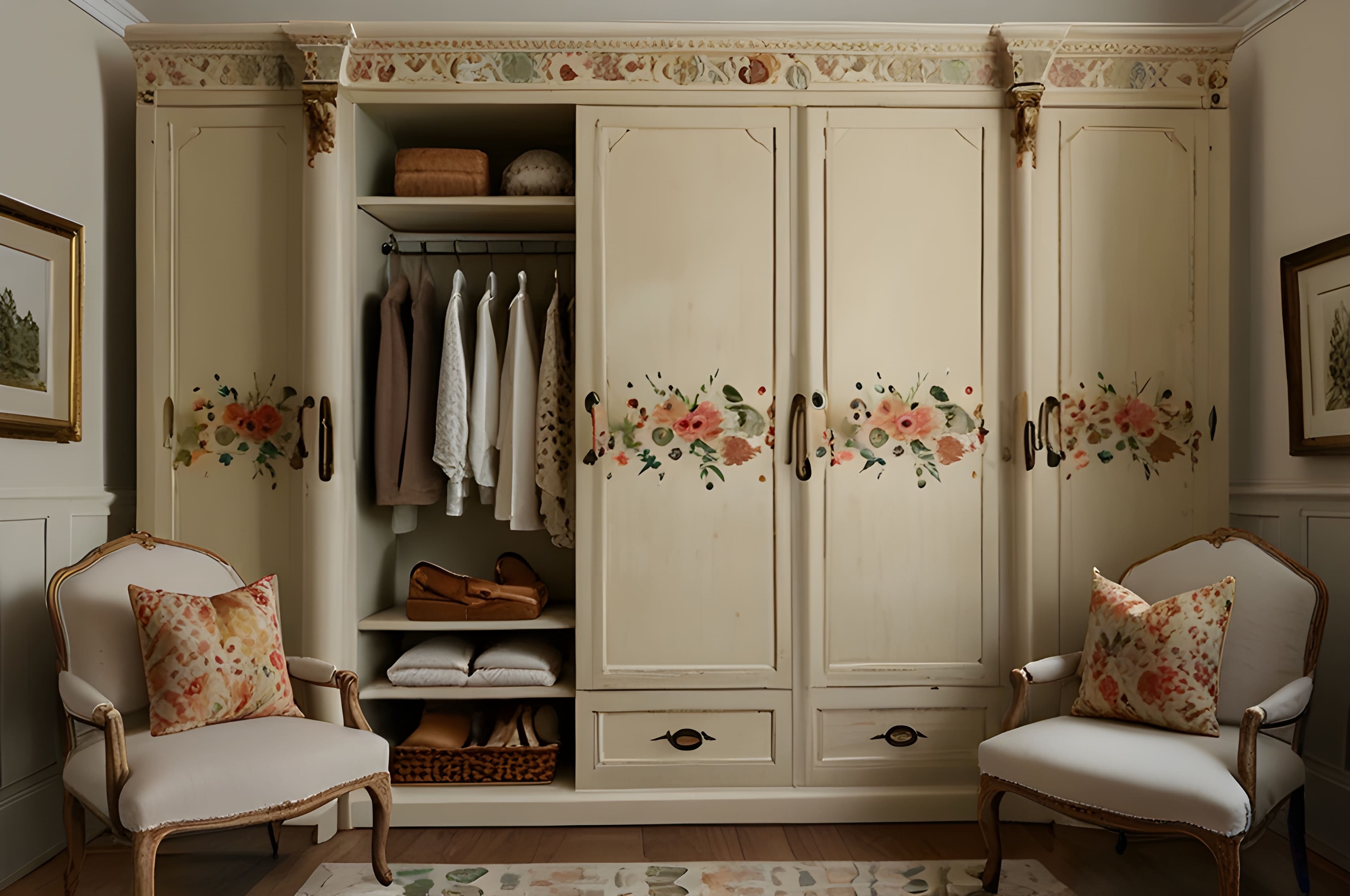 Elegant floral painted wardrobe design with cream finish