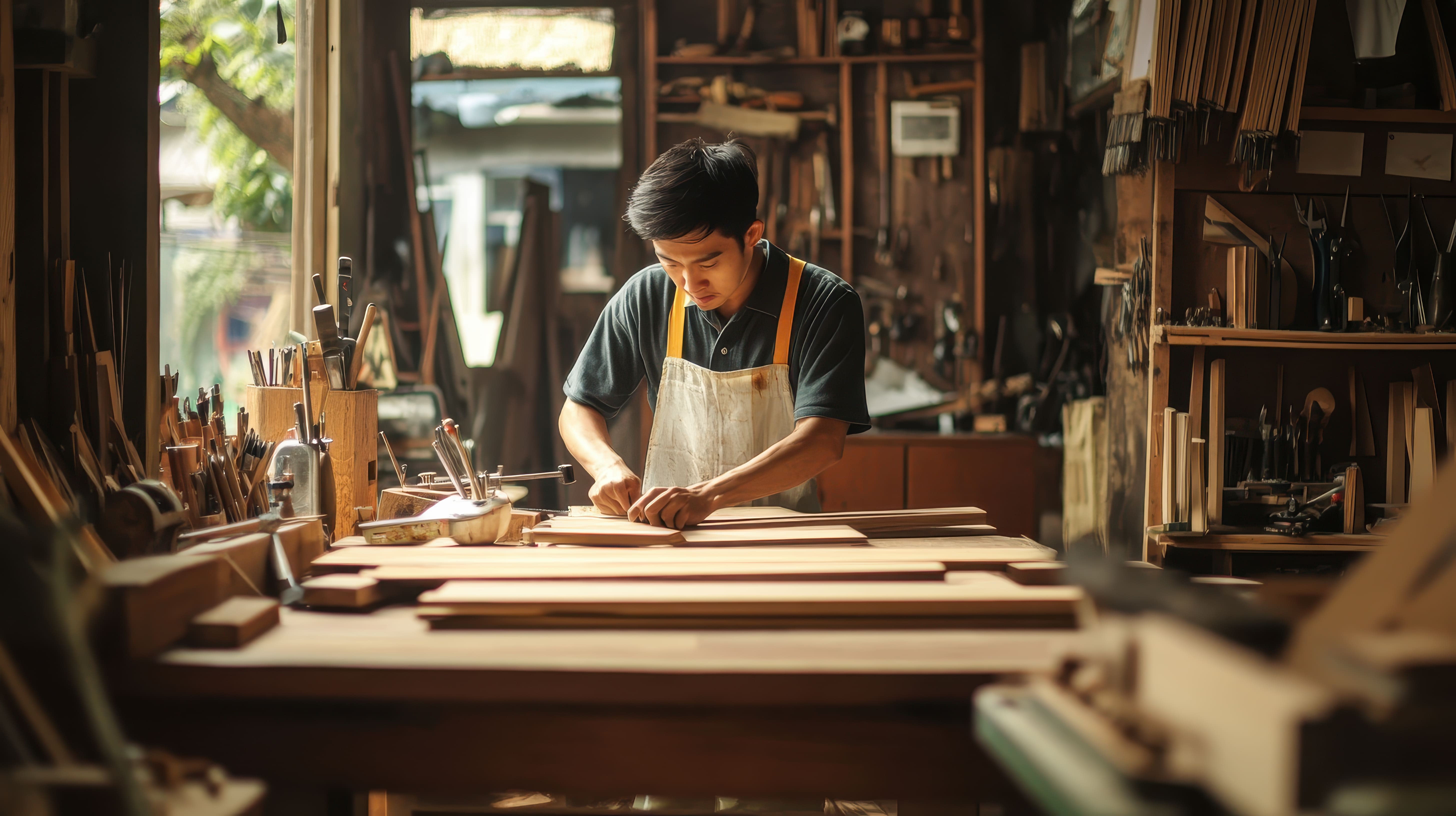 Handcrafted wood furniture in artisan workshop