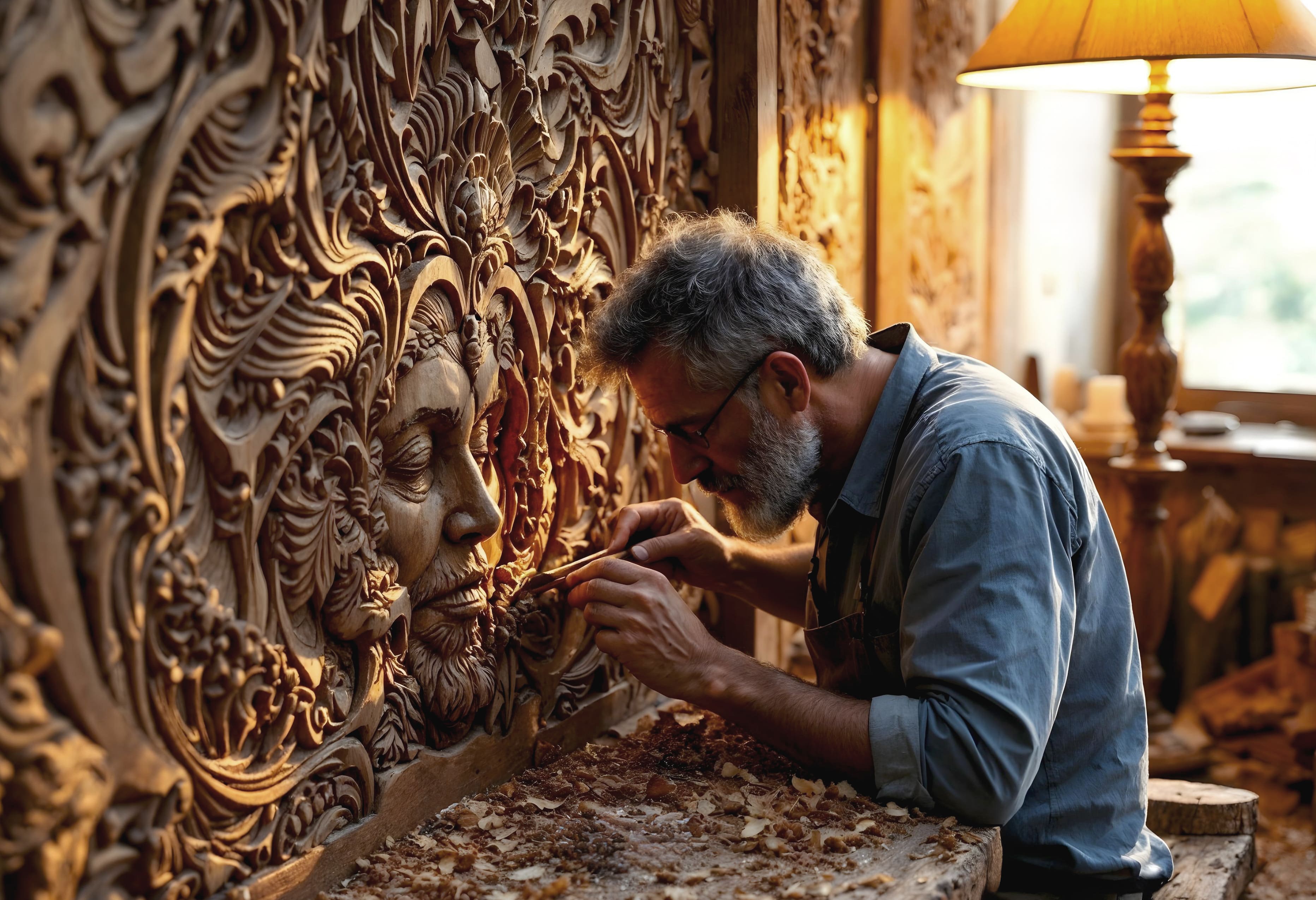 Skilled artisan hand carving intricate wooden artwork