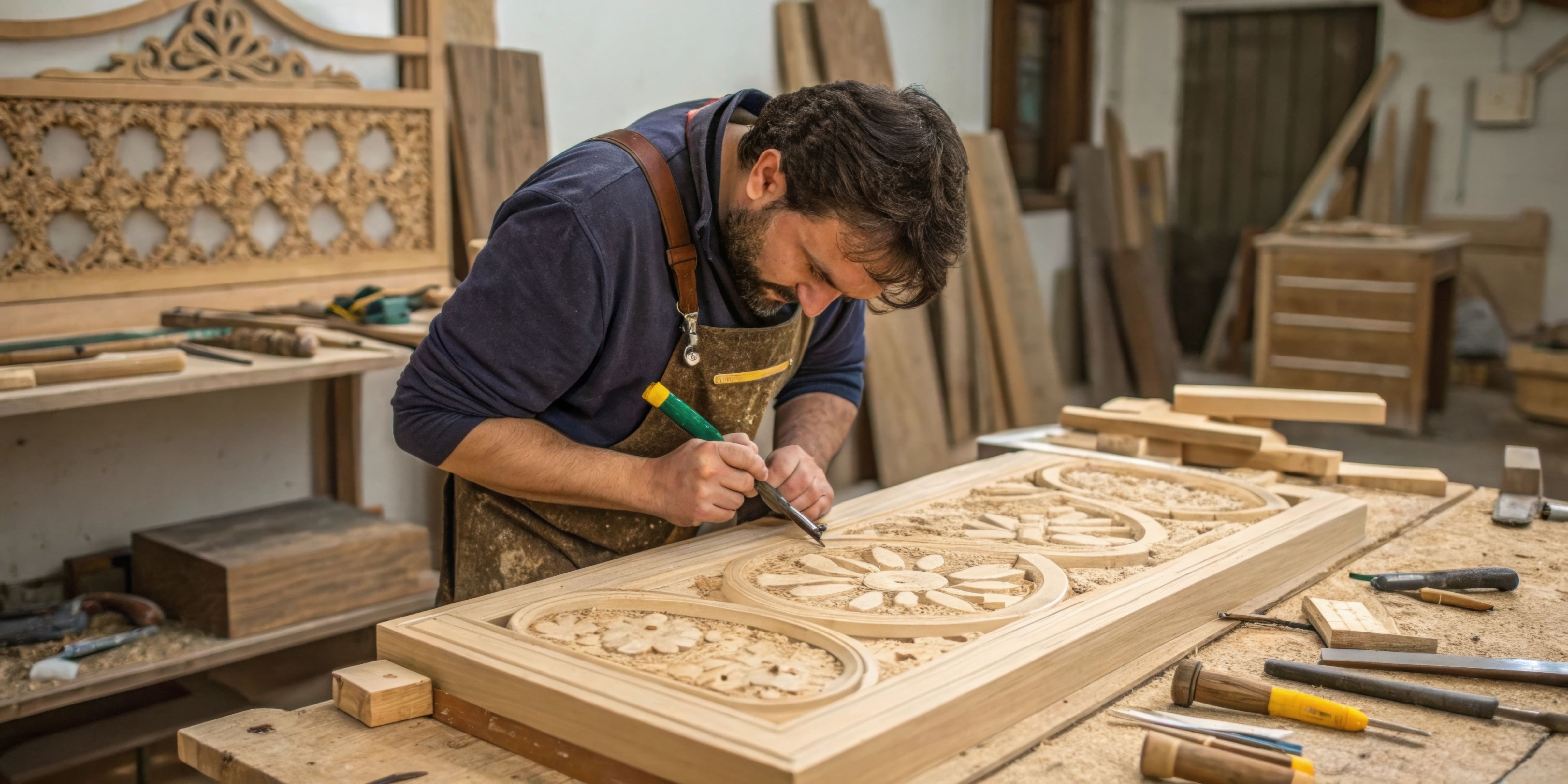 Skilled craftsman hand carving decorative woodwork